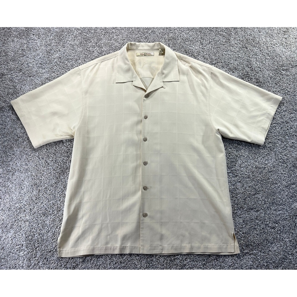 Tommy Bahama Mens XL 100% Silk Button Down Shirt Cream Martini‎ Windowpane EUC